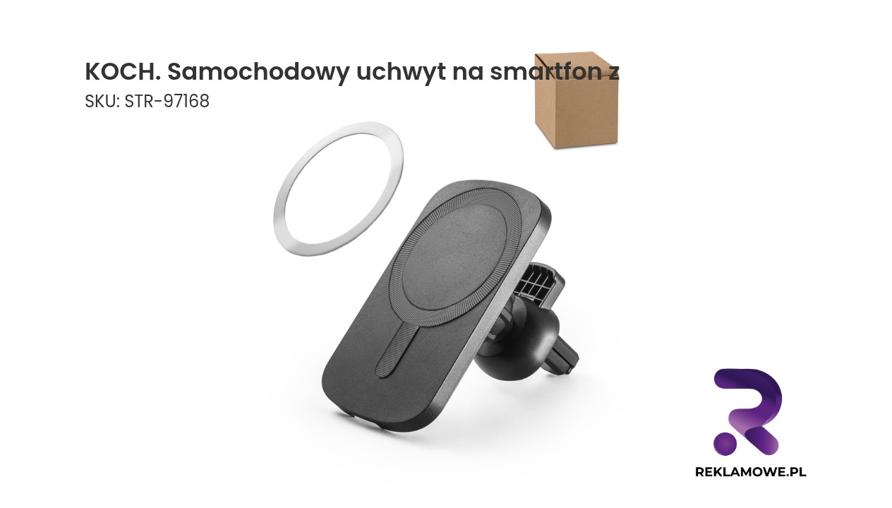 KOCH. Samochodowy uchwyt na smartfon z bezprzewodową ładowarką magnetyczną 15W ze ABS pochodzącego z recyklingu (100% rABS) KOCH Samochodowy uchwyt na smartfon