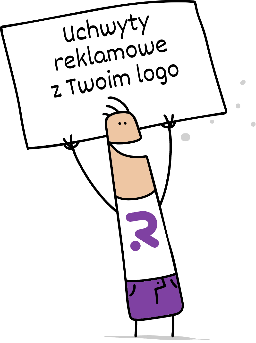 Buddy trzymający napis uchwyty reklamowe z Twoim logo